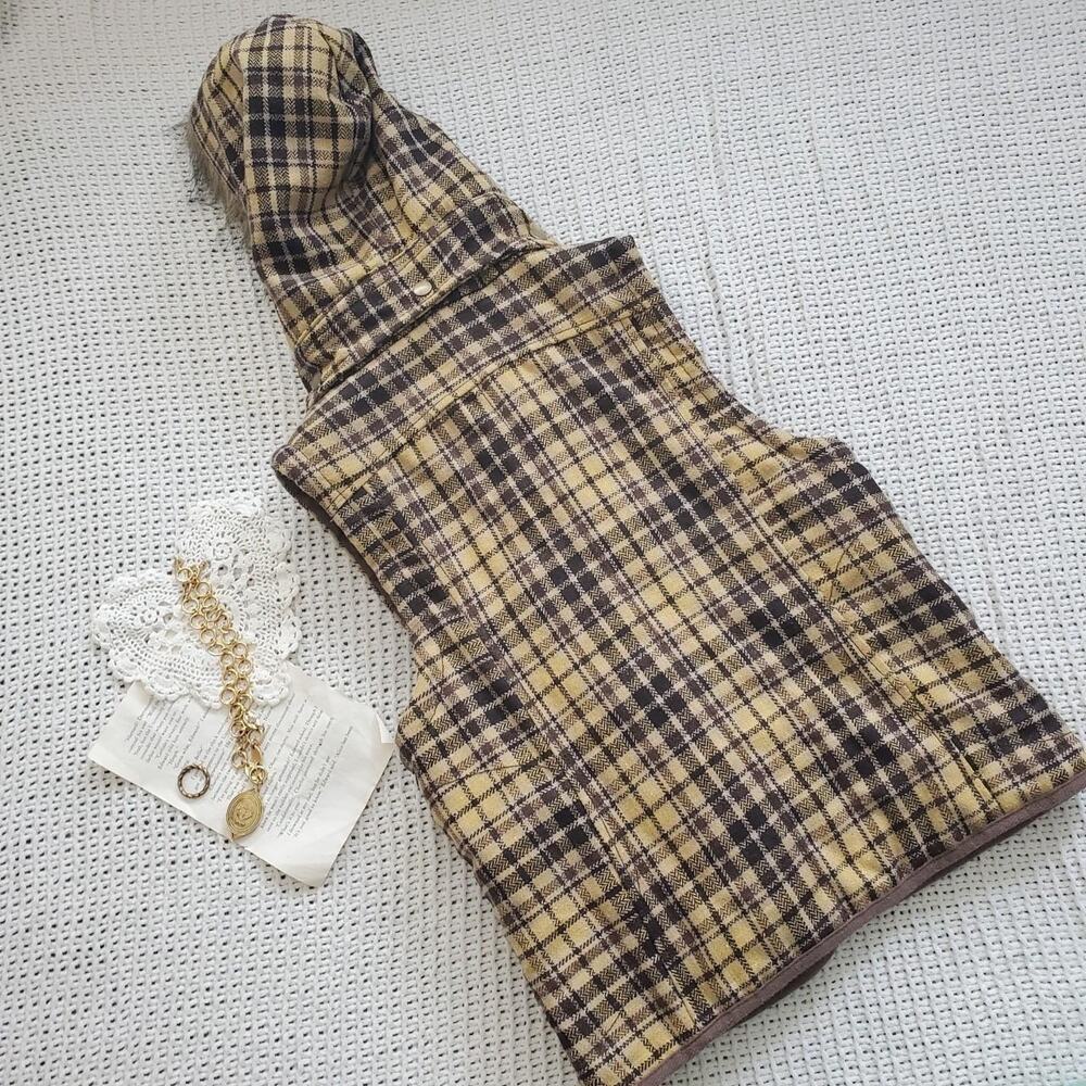 y2k Vintage sashimi yellow and brown fur lined hood vest - Picture 2 of 8